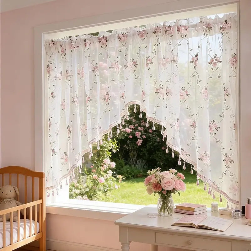 1 PC Pink Floral Sheer Kitchen Curtains Swag Valance for Batch Dining Arched Door,Vines Embroidered Window Treatment with Beaded Trim, Scalloped Kitchen Living Room Drapes Rod Pocket (59Wx31L inch)
