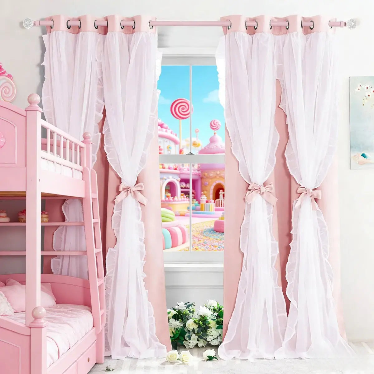 Princess Ruffle Blackout Curtains with Sheer Overlay, Bow Tie Drapes for Girls Bedroom, Grommet Window Curtain Panels, Privacy Grommet Curtains, Home Decorative Curtain, Home Decoration Curtain