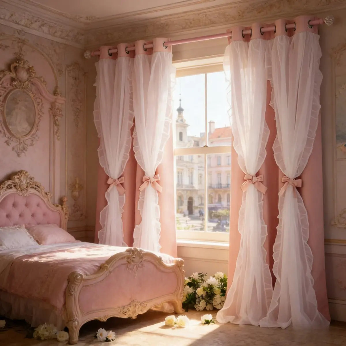Princess Ruffle Blackout Curtains with Sheer Overlay, Bow Tie Drapes for Girls Bedroom, Grommet Window Curtain Panels, Privacy Grommet Curtains, Home Decorative Curtain, Home Decoration Curtain