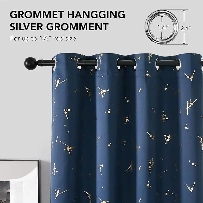 Deconovo 2-Panel Blackout Curtain for Windows - Modern Constellation Style, Gold Star Foil All-Over Print, Thermal Lined, Soundproof Curtains, Silky Smooth Drape, Durable, Machine Washable for Living Room, School Playroom