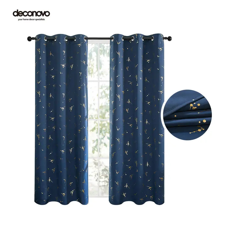 Deconovo 2-Panel Blackout Curtain for Windows - Modern Constellation Style, Gold Star Foil All-Over Print, Thermal Lined, Soundproof Curtains, Silky Smooth Drape, Durable, Machine Washable for Living Room, School Playroom