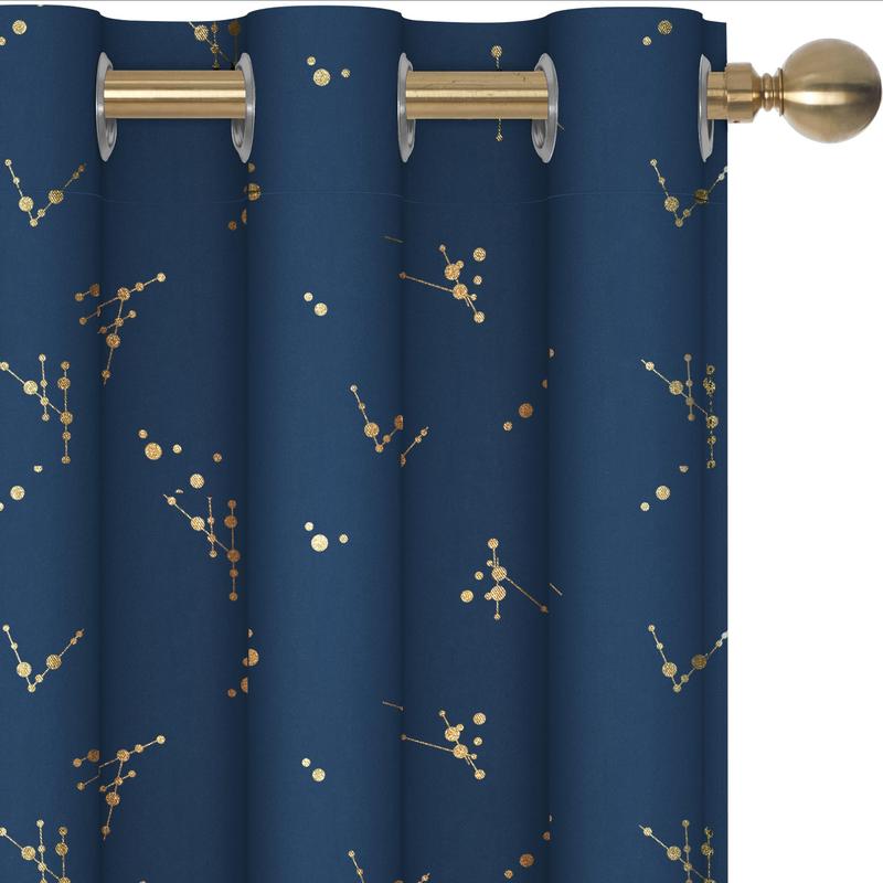 Deconovo 2-Panel Blackout Curtain for Windows - Modern Constellation Style, Gold Star Foil All-Over Print, Thermal Lined, Soundproof Curtains, Silky Smooth Drape, Durable, Machine Washable for Living Room, School Playroom