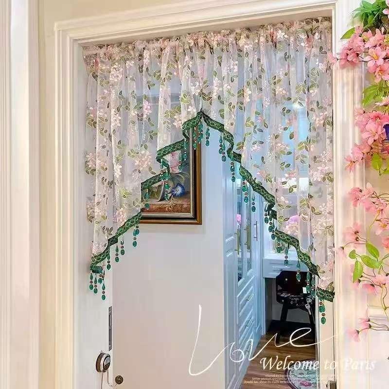 Hole-free French floral door curtains | Luxurious lace curtains with hanging crystal beads, ideal for decorating rented properties
