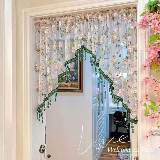 Hole-free French floral door curtains | Luxurious lace curtains with hanging crystal beads, ideal for decorating rented properties