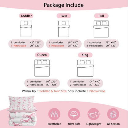 Erosebridal Cute Pink Bow Twin Bedding Set for Girls,Ribbon Bow Knot Comforter Set for Kids Kawaii Room Decor,Princess Bowknot Bed Set Girly Pink Bows Bedding Comforter Sets,1 Pillowcase