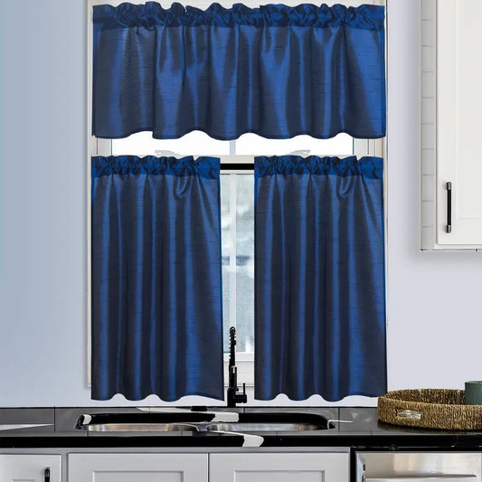 3-Piece Faux Silk Blackout Window Curtain Set - Home Decoration Curtain with Thermal Back, Stain Resistant Panels, Layered Valance for Kitchen Windows, Multiple Colors Available