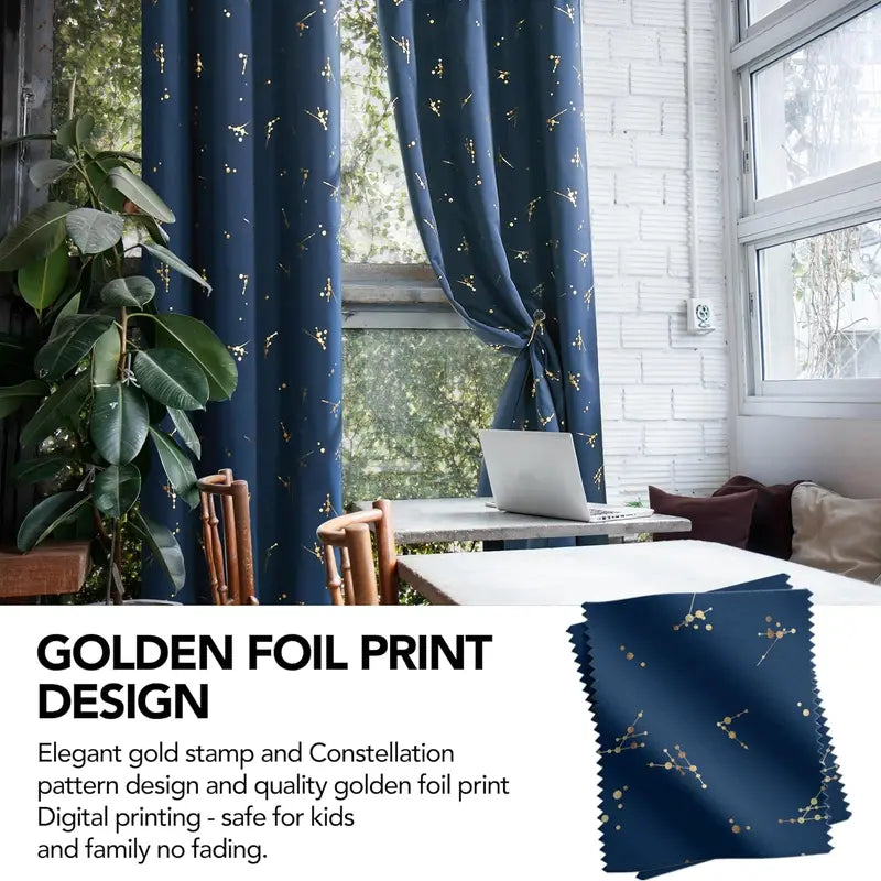 Deconovo 2-Panel Blackout Curtain for Windows - Modern Constellation Style, Gold Star Foil All-Over Print, Thermal Lined, Soundproof Curtains, Silky Smooth Drape, Durable, Machine Washable for Living Room, School Playroom