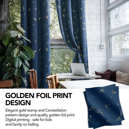Deconovo 2-Panel Blackout Curtain for Windows - Modern Constellation Style, Gold Star Foil All-Over Print, Thermal Lined, Soundproof Curtains, Silky Smooth Drape, Durable, Machine Washable for Living Room, School Playroom