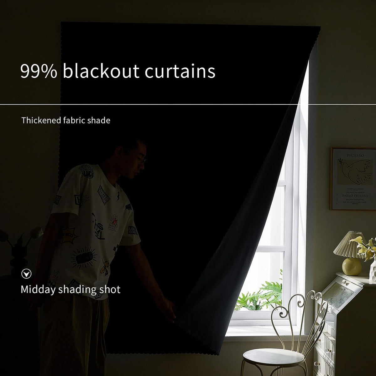 AJAZZ Self Adhesive Curtains 100% Blackout Shades Window Cover Sticky Curtain Portable Easy Open Black Out Curtains for Bedroom Living Room No Drilling (Black, 59" W x 63" L 1 Panel)