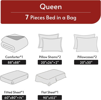 MUXHOMO Queen Comforter Set 7 Pieces, Reversible Bed in a Bag, Red/Black
