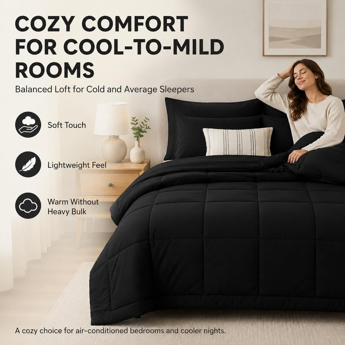 CozyLux Full Size Comforter Sets Black - 7 Pieces Bed in a Bag