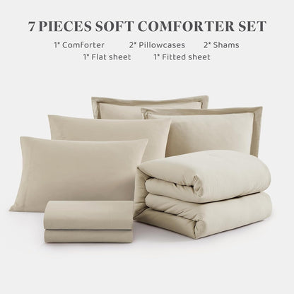 Queen Comforter Set-7 Pieces Soft Prewashed Bed in a Bag Queen Bedding Sets