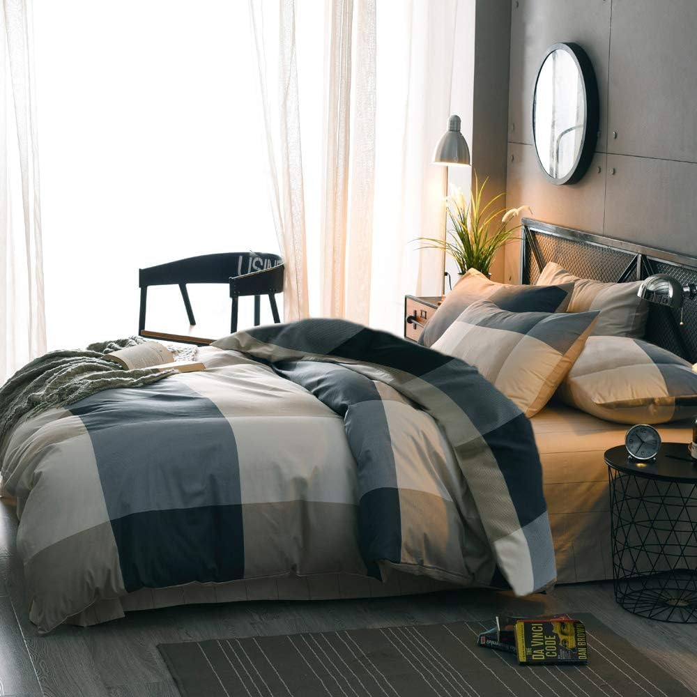LifeTB Queen Comforter Set Fluffy Plaid Checkered Pattern Modern Style Geometric Comforter with 2 Pillow Shams Grid Plaid Bedding Comforter for Boys Men All Season Queen Size Bed Comforter Set