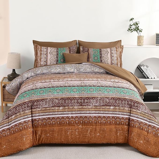 Cottolester Boho Comforter Set Queen Size 8 Piece Bed in a Bag Bohemian Striped Bedding Quilt Set Aqua Paisley Floral Comforter and Sheet Set,Soft Microfiber Complete Bedding Sets for All Season