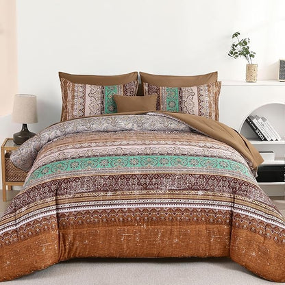 Cottolester Boho Comforter Set Queen Size 8 Piece Bed in a Bag Bohemian Striped Bedding Quilt Set Aqua Paisley Floral Comforter and Sheet Set,Soft Microfiber Complete Bedding Sets for All Season