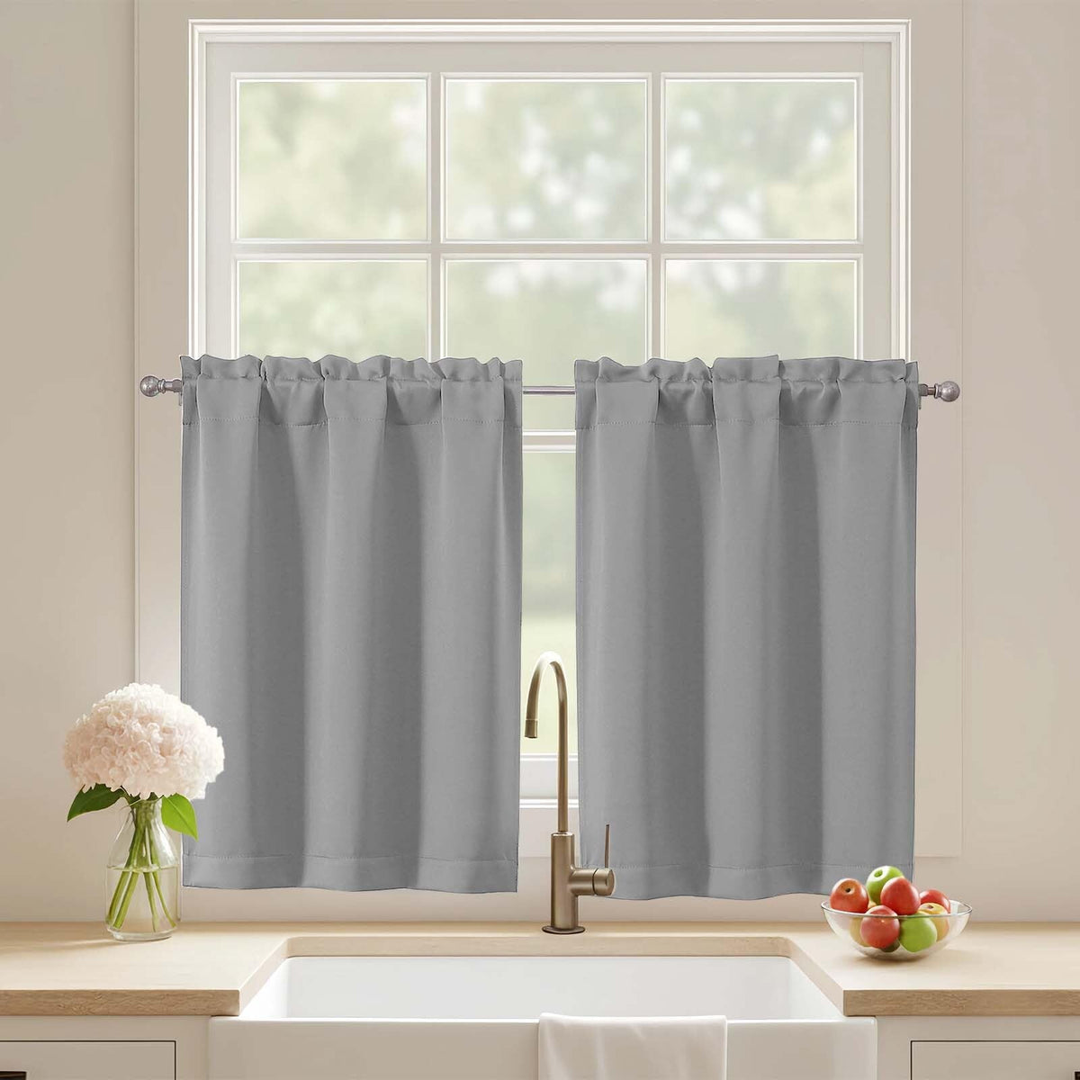 Black Cafe Curtains 24 Inch Length, Light Blocking Short Kitchen Window Curtains Over Sink, Half Window Blackout Drapes Tier Rod Pocket for Bathroom Basement Cabinet, 2x30Wx24L Inches
