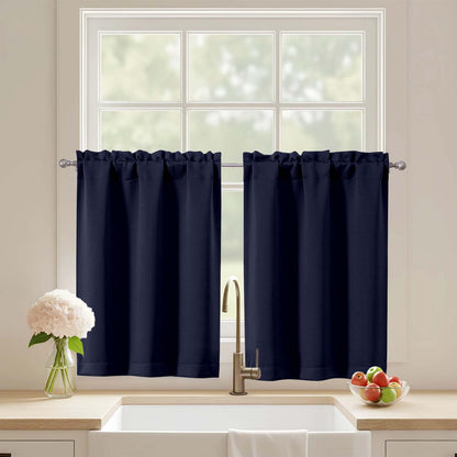 Black Cafe Curtains 24 Inch Length, Light Blocking Short Kitchen Window Curtains Over Sink, Half Window Blackout Drapes Tier Rod Pocket for Bathroom Basement Cabinet, 2x30Wx24L Inches