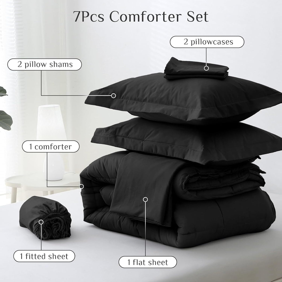 JOLLYVOGUE Full Comforter Set, Ultra-Soft Bed in a Bag Full Size 7 Pieces, Oeko-TEX Certified Bedding Set with Down Alternative Comforter, Sheets, Pillowcases & Shams, Black
