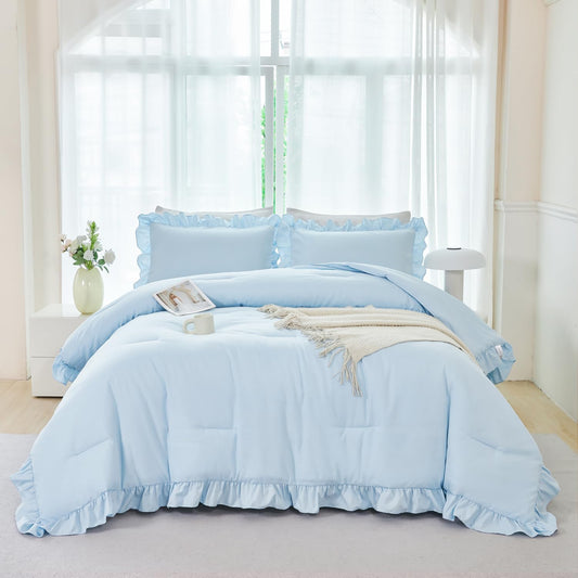 ANGIYUIN Light Blue Ruffle Girls Comforter Set Twin Size 5 Pieces Ruffled Farmhouse Bed in A Bag Solid Boho Bedding Comforter Sets Soft Fluffy Bed Sets for Kids Girl(Light Blue Twin)