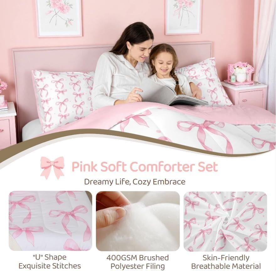 Erosebridal Cute Pink Bow Twin Bedding Set for Girls,Ribbon Bow Knot Comforter Set for Kids Kawaii Room Decor,Princess Bowknot Bed Set Girly Pink Bows Bedding Comforter Sets,1 Pillowcase
