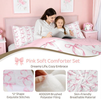 Erosebridal Cute Pink Bow Twin Bedding Set for Girls,Ribbon Bow Knot Comforter Set for Kids Kawaii Room Decor,Princess Bowknot Bed Set Girly Pink Bows Bedding Comforter Sets,1 Pillowcase