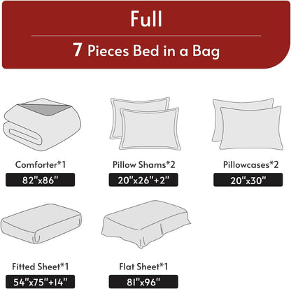 MUXHOMO Full Comforter Set 7 Pieces, Reversible Bed in a Bag, Red/Black