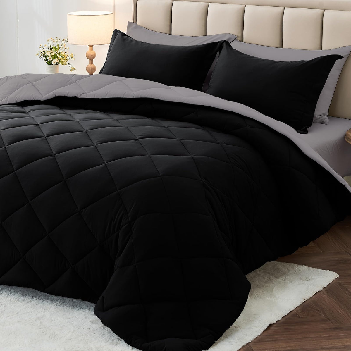 MUXHOMO Full Comforter Set 7 Pieces, Reversible Bed in a Bag, Red/Black