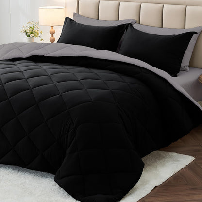 MUXHOMO Queen Comforter Set 7 Pieces, Reversible Bed in a Bag, Red/Black