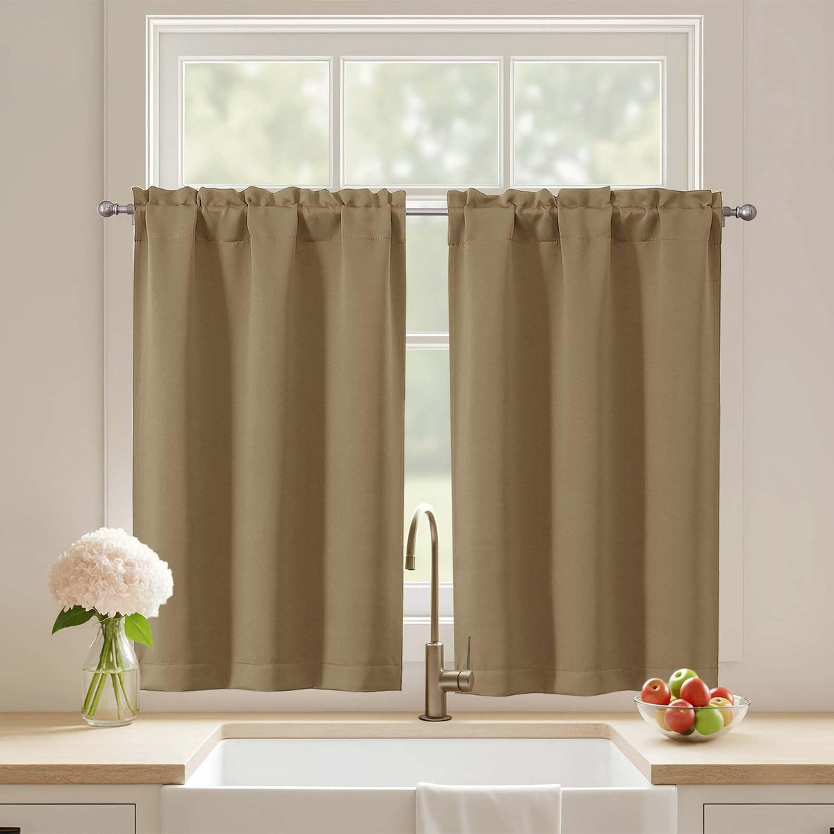 Black Cafe Curtains 24 Inch Length, Light Blocking Short Kitchen Window Curtains Over Sink, Half Window Blackout Drapes Tier Rod Pocket for Bathroom Basement Cabinet, 2x30Wx24L Inches