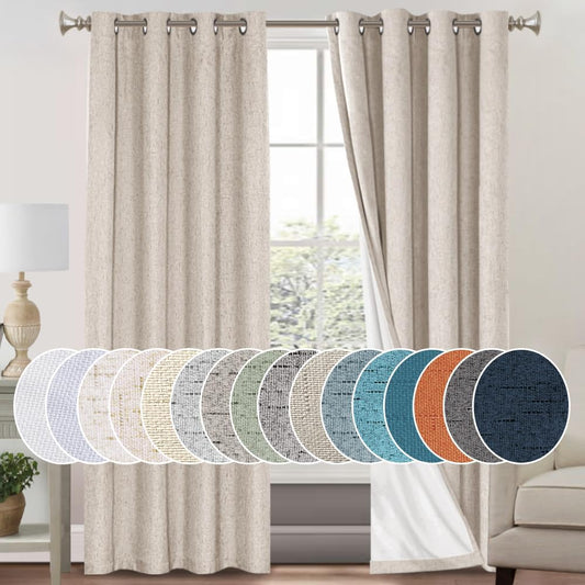 PrinceDeco Natural Linen Curtains 100% Blackout Linen Curtains for Bedroom Full Blackout Curtains 84 Inches Long Living Room Thermal Insulated Light Blocking Curtain Drapes White Backing, 2 Panels
