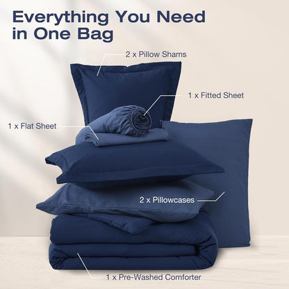 Sasttie Navy Blue Queen Comforter Set 7-Piece, Pre-Washed Bed in a Bag