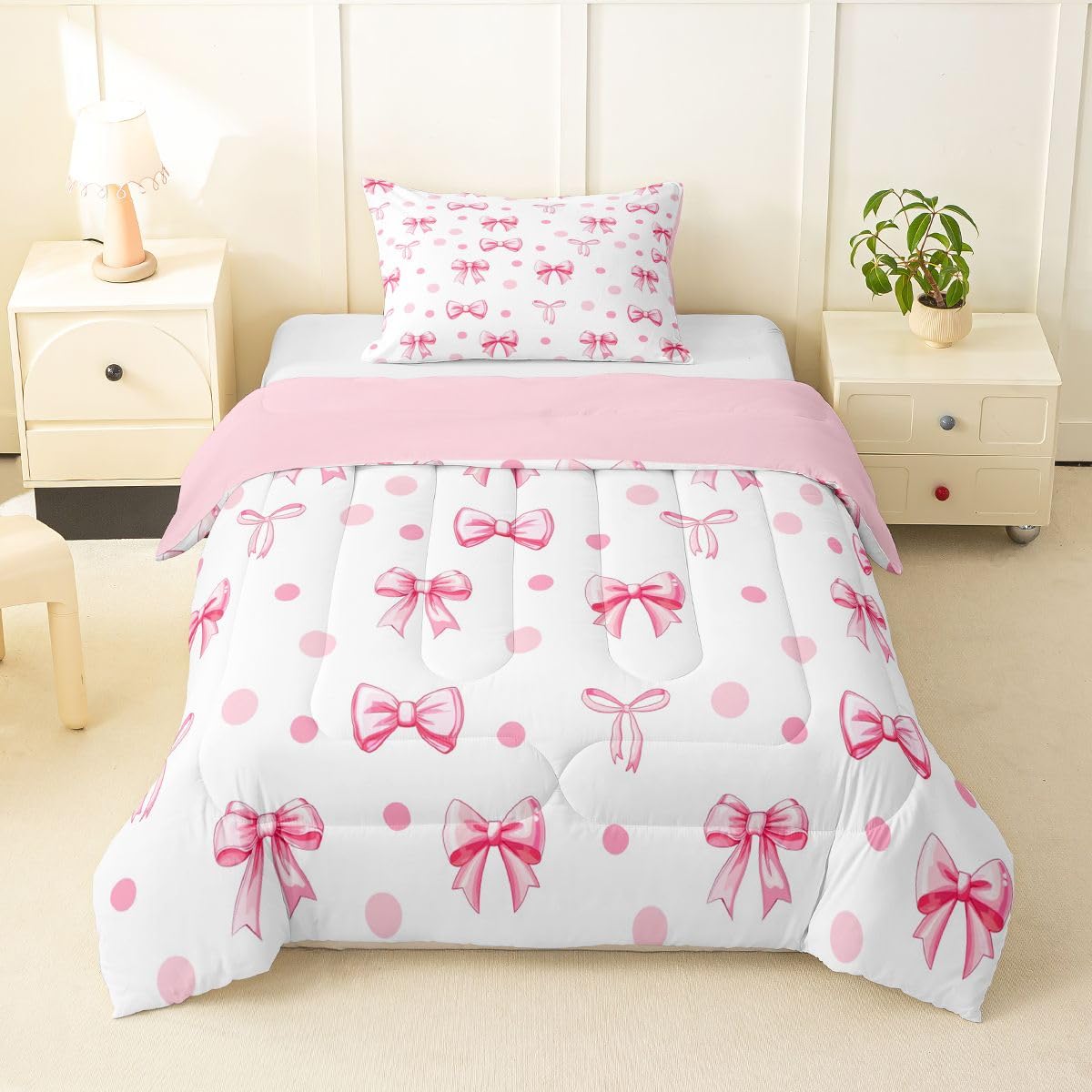 Erosebridal Cute Pink Bow Twin Bedding Set for Girls,Ribbon Bow Knot Comforter Set for Kids Kawaii Room Decor,Princess Bowknot Bed Set Girly Pink Bows Bedding Comforter Sets,1 Pillowcase