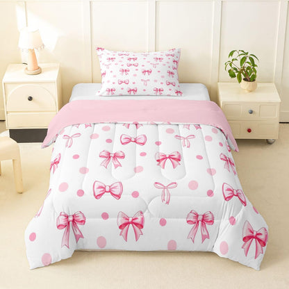 Erosebridal Cute Pink Bow Twin Bedding Set for Girls,Ribbon Bow Knot Comforter Set for Kids Kawaii Room Decor,Princess Bowknot Bed Set Girly Pink Bows Bedding Comforter Sets,1 Pillowcase