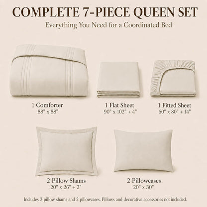 CozyLux Queen Comforter Set Beige - 7 Pieces Vertical Quilted Bed in a Bag