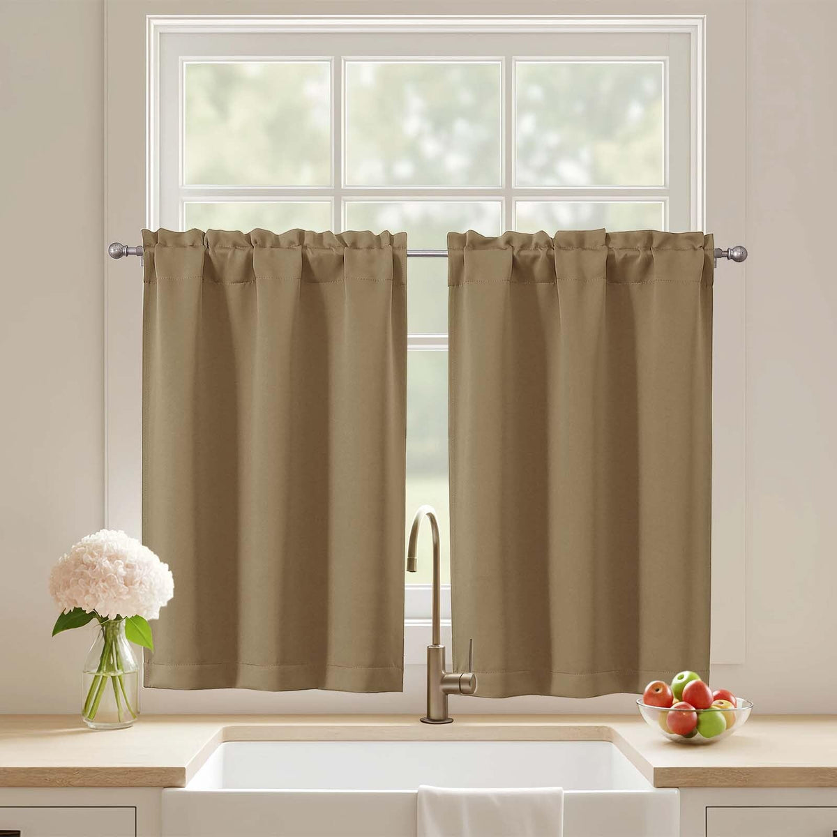 Black Cafe Curtains 24 Inch Length, Light Blocking Short Kitchen Window Curtains Over Sink, Half Window Blackout Drapes Tier Rod Pocket for Bathroom Basement Cabinet, 2x30Wx24L Inches