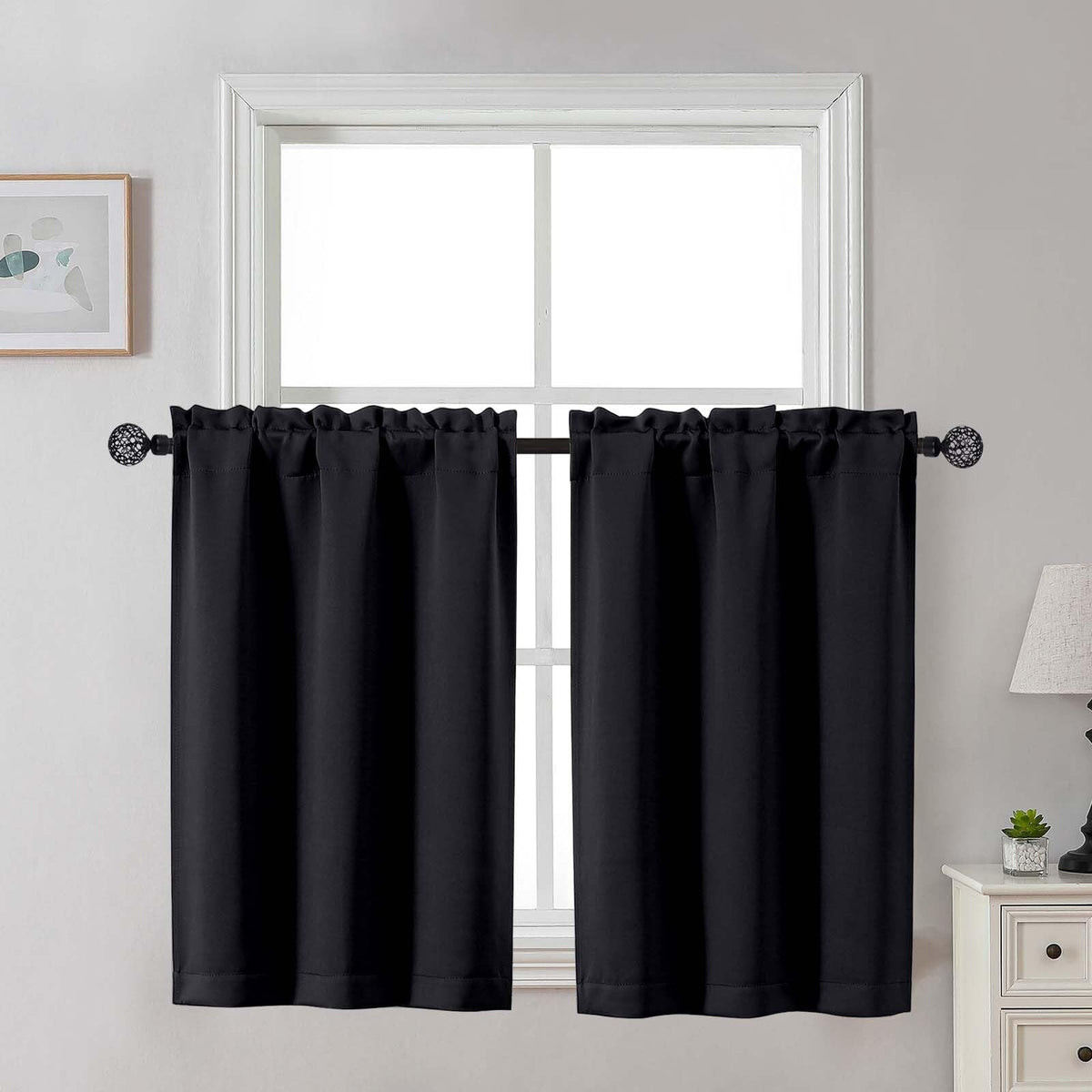Gwine Black Tier Curtains 24 Inch Long 2 Panels for Kitchen