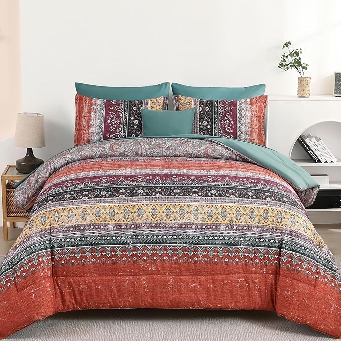 Cottolester Boho Comforter Set Queen Size 8 Piece Bed in a Bag Bohemian Striped Bedding Quilt Set Aqua Paisley Floral Comforter and Sheet Set,Soft Microfiber Complete Bedding Sets for All Season