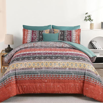 Cottolester Boho Comforter Set Queen Size 8 Piece Bed in a Bag Bohemian Striped Bedding Quilt Set Aqua Paisley Floral Comforter and Sheet Set,Soft Microfiber Complete Bedding Sets for All Season