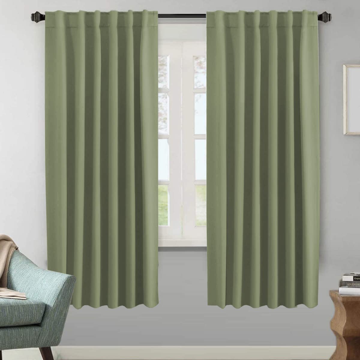 H.VERSAILTEX Blackout Curtains Thermal Insulated Window Treatment Panels Room Darkening Blackout Drapes for Living Room Back Tab/Rod Pocket Bedroom Draperies, 52 x 84 Inch, Light Sage, 2 Panels