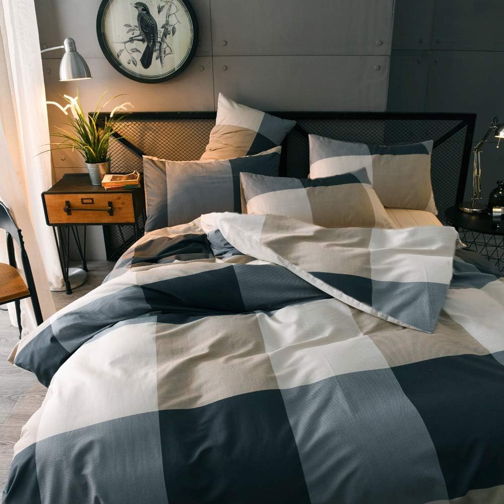 LifeTB Queen Comforter Set Fluffy Plaid Checkered Pattern Modern Style Geometric Comforter with 2 Pillow Shams Grid Plaid Bedding Comforter for Boys Men All Season Queen Size Bed Comforter Set