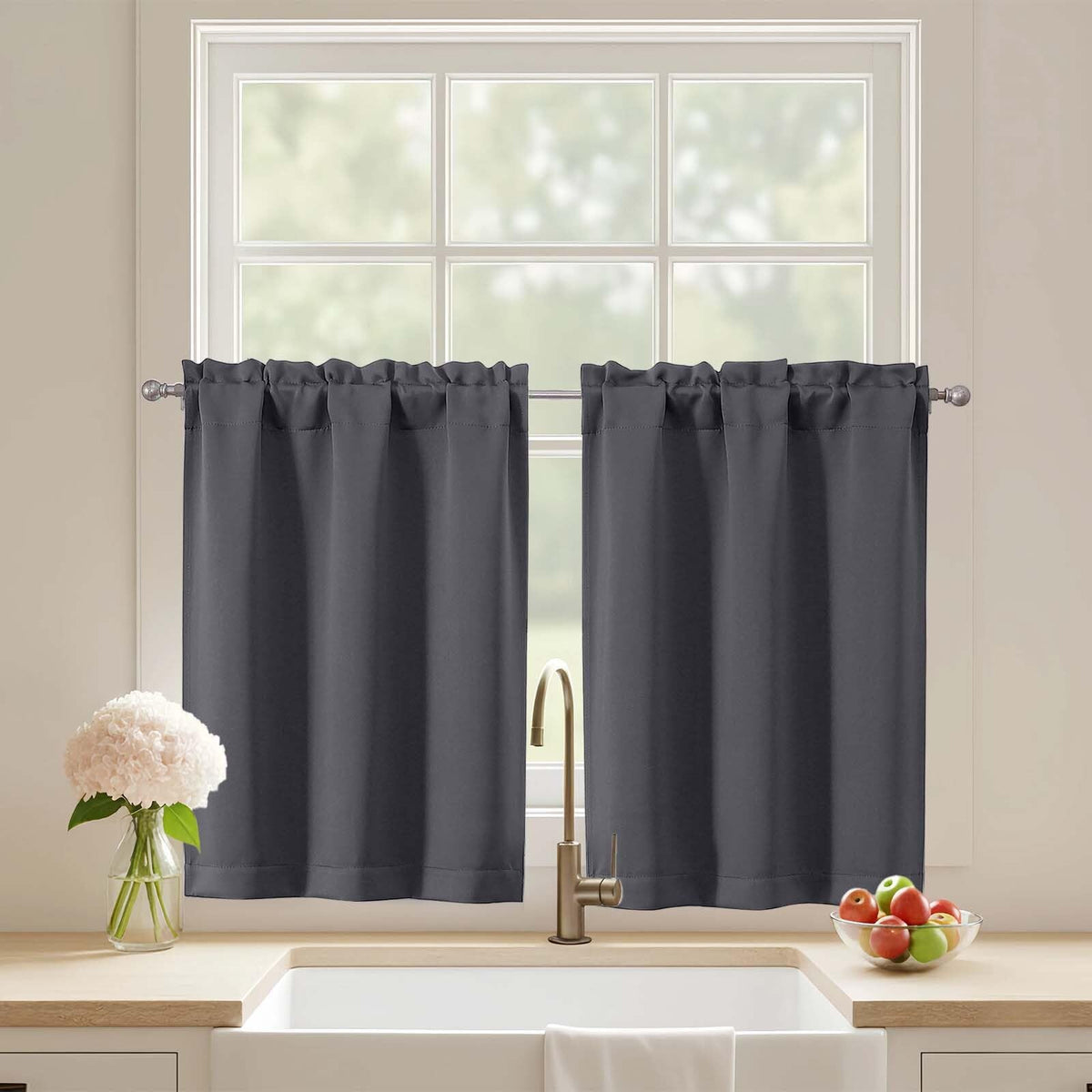Black Cafe Curtains 24 Inch Length, Light Blocking Short Kitchen Window Curtains Over Sink, Half Window Blackout Drapes Tier Rod Pocket for Bathroom Basement Cabinet, 2x30Wx24L Inches