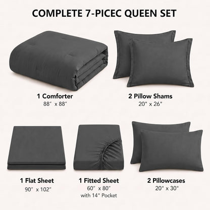 HIMEET Queen Comforter Set, 7-Piece Point-Quilted Bed in a Bag Dark Grey