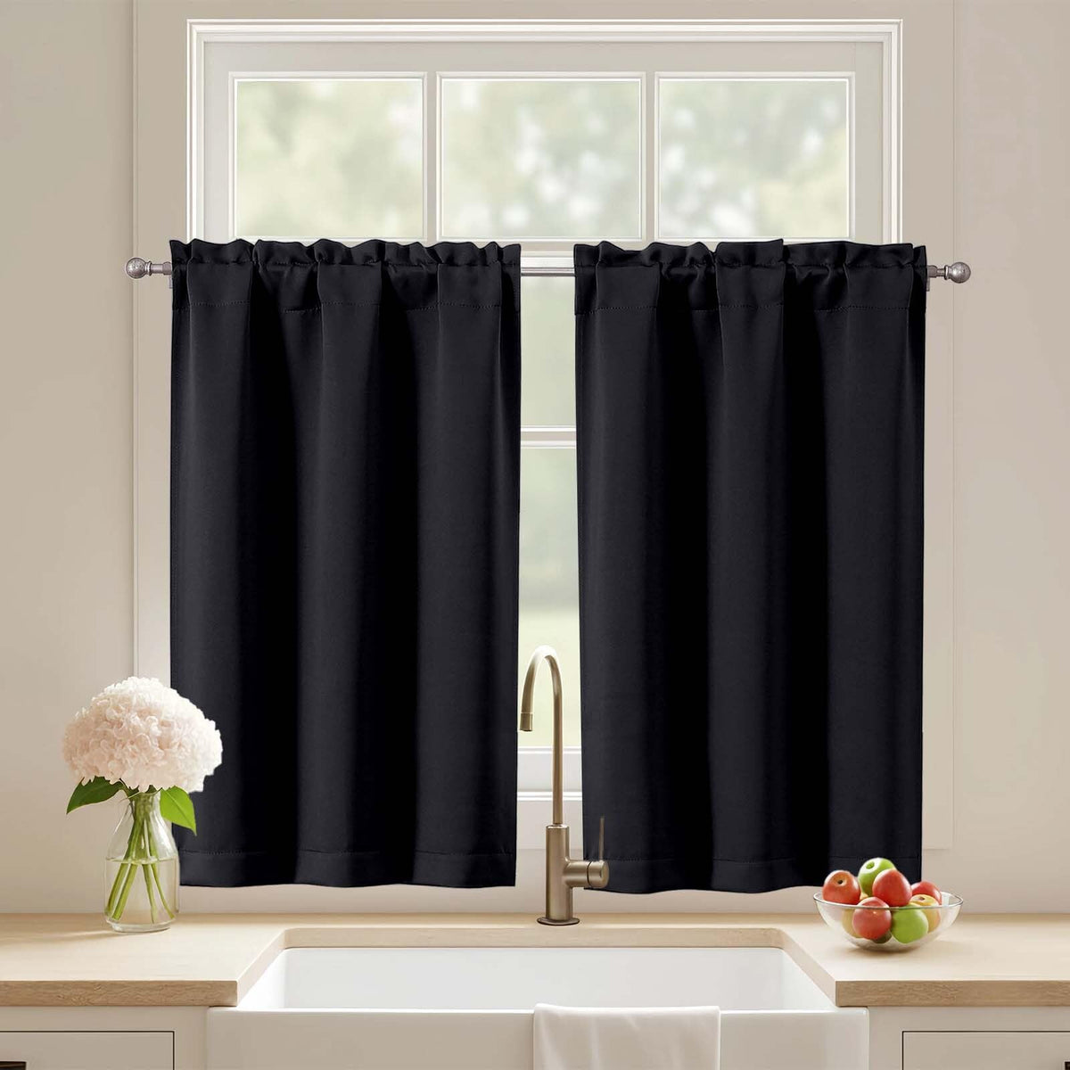Black Cafe Curtains 24 Inch Length, Light Blocking Short Kitchen Window Curtains Over Sink, Half Window Blackout Drapes Tier Rod Pocket for Bathroom Basement Cabinet, 2x30Wx24L Inches