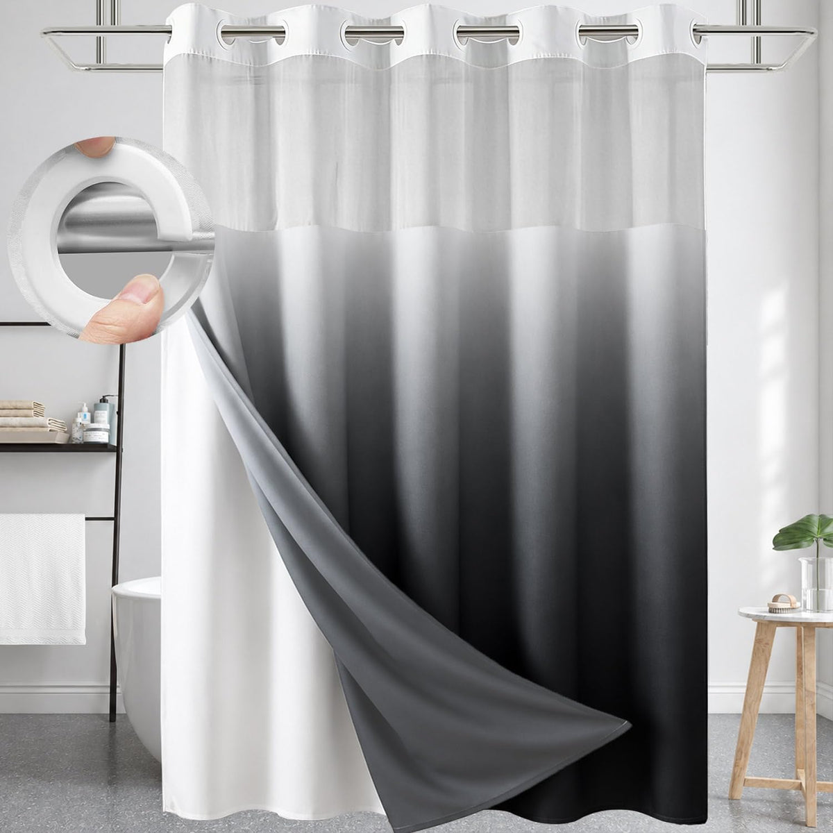 No Hook Shower Curtain and Liner Set, Ombre Black and White, 71x74