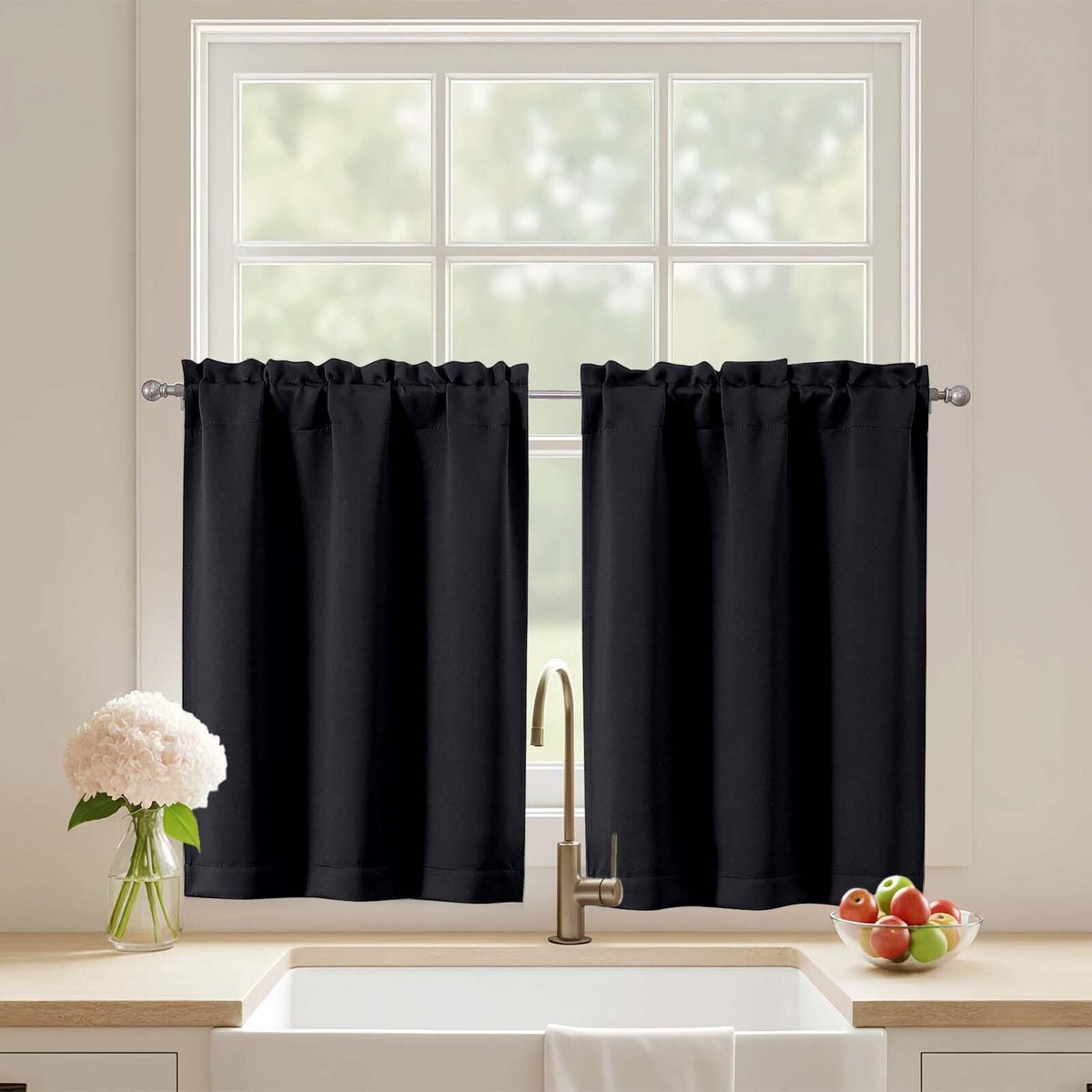 Black Cafe Curtains 24 Inch Length, Light Blocking Short Kitchen Window Curtains Over Sink, Half Window Blackout Drapes Tier Rod Pocket for Bathroom Basement Cabinet, 2x30Wx24L Inches