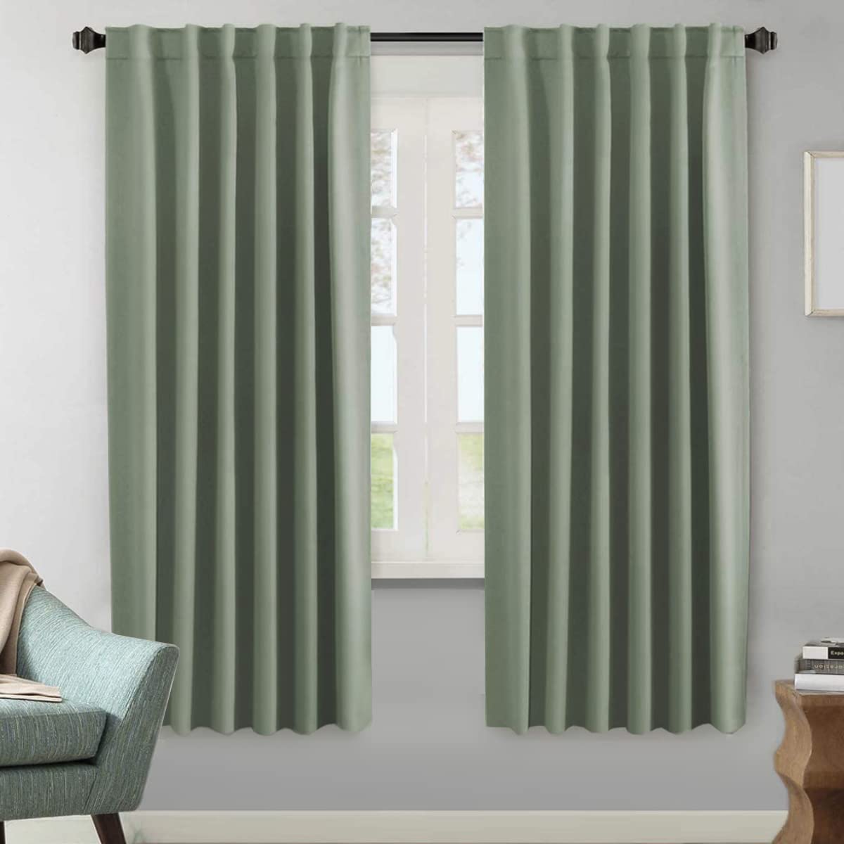 H.VERSAILTEX Blackout Curtains Thermal Insulated Window Treatment Panels Room Darkening Blackout Drapes for Living Room Back Tab/Rod Pocket Bedroom Draperies, 52 x 84 Inch, Light Sage, 2 Panels