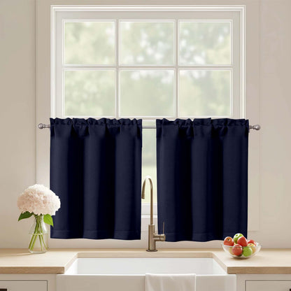Black Cafe Curtains 24 Inch Length, Light Blocking Short Kitchen Window Curtains Over Sink, Half Window Blackout Drapes Tier Rod Pocket for Bathroom Basement Cabinet, 2x30Wx24L Inches