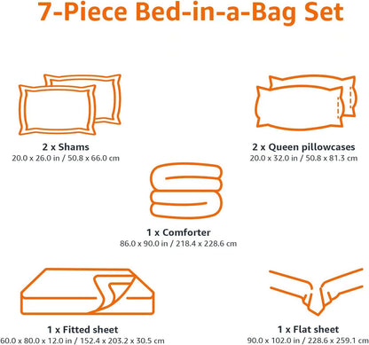 Amazon Basics Full/Queen Comforter Set with Sheets, 7-Piece Blue Stripe Bedding, Lightweight Microfiber Bed-in-a-Bag, Striped
