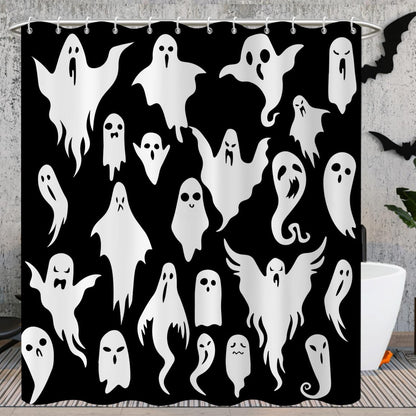 Halloween Shower Curtain, Black and White Funny Ghosts Icons Spooky Cute Halloween Bathroom Curtain Waterproof Fabric Machine Washable with Hooks, 72" Wx72 L