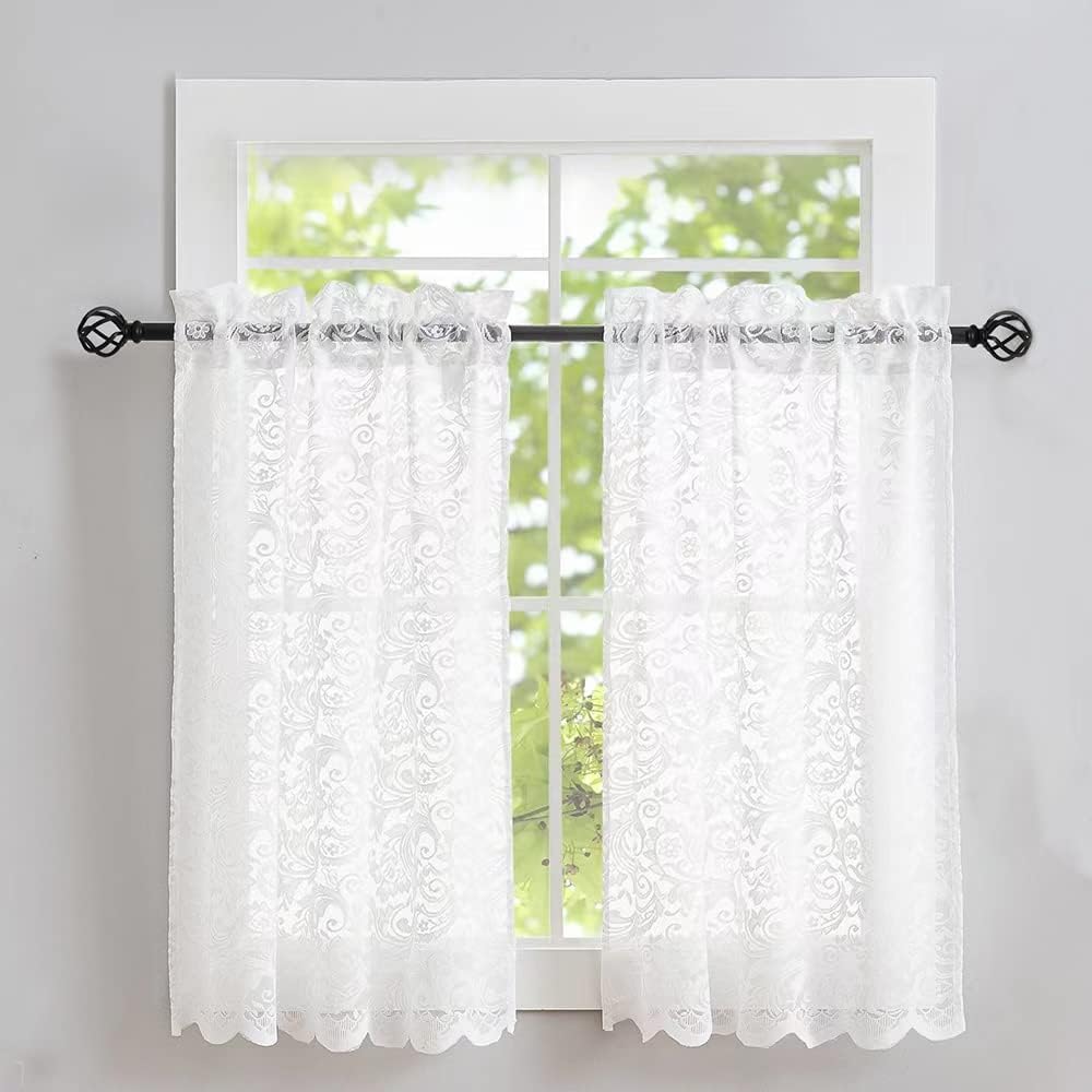 ALIGOGO Short White Lace Kitchen Curtains 36 Length 2 Panels W26 x L36 Inch